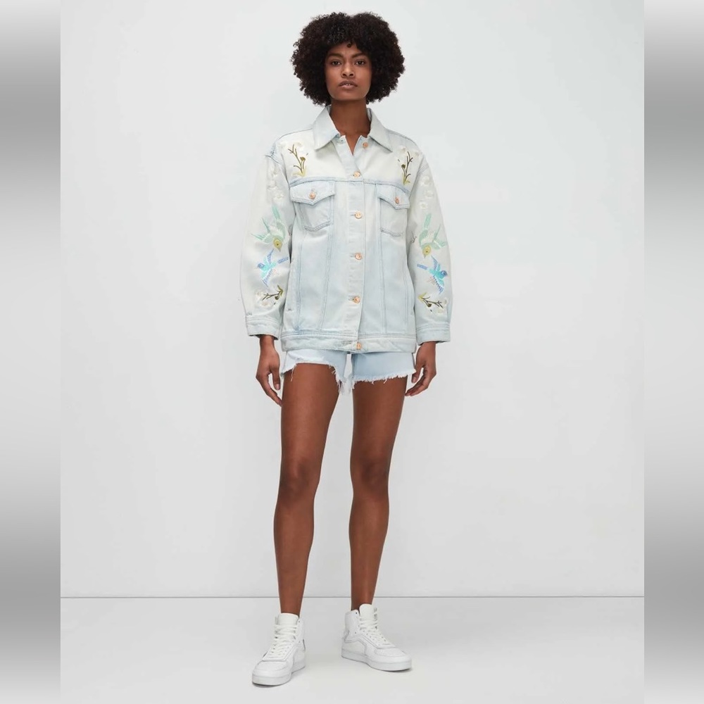 7 For All Mankind Easy Trucker Jean Jacket With Embroidery -Sun Blue